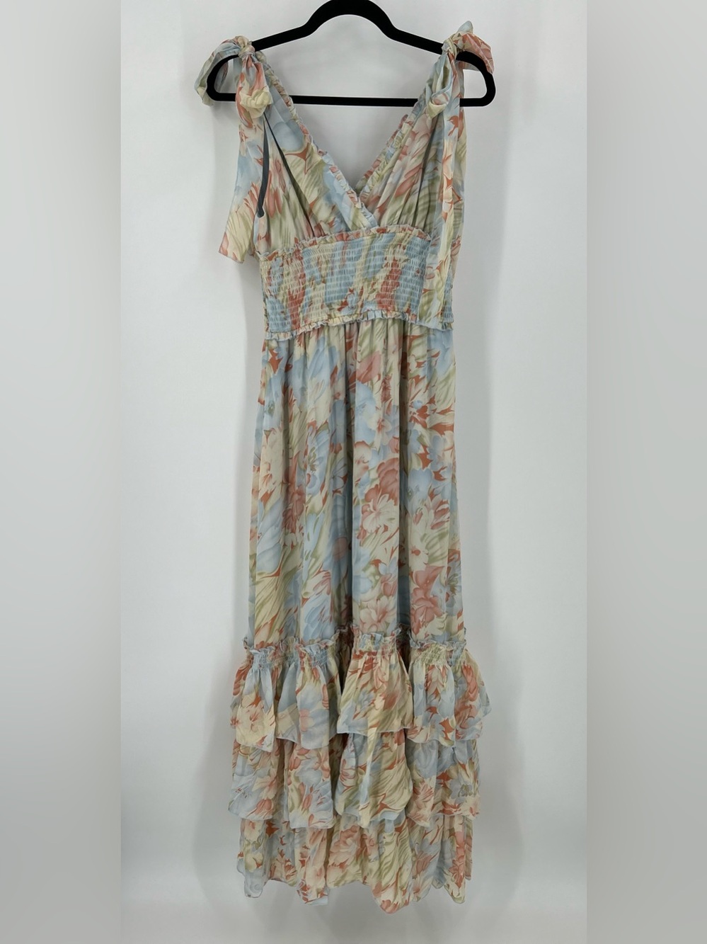 Petal & Pup Christabel Floral Tiered Ruffle Maxi Dress Boho Tie Strap Medium